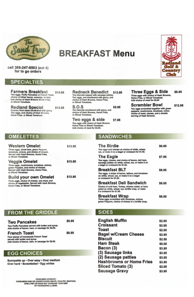 The Sand Trap breakfast menu with specialties, omelettes, sandwiches, griddle items, egg choices, and sides.