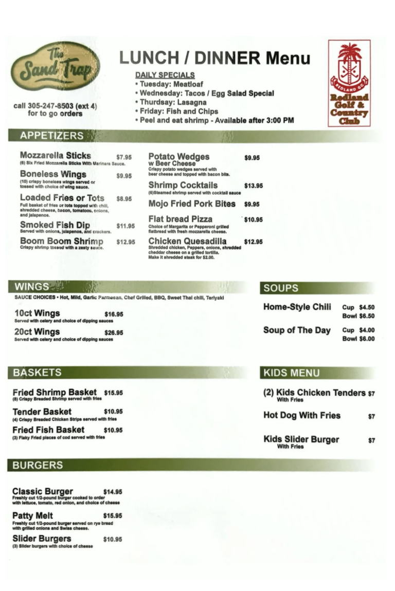 The Sand Trap lunch and dinner menu with appetizers, wings, baskets, soups, kids menu, and burgers.