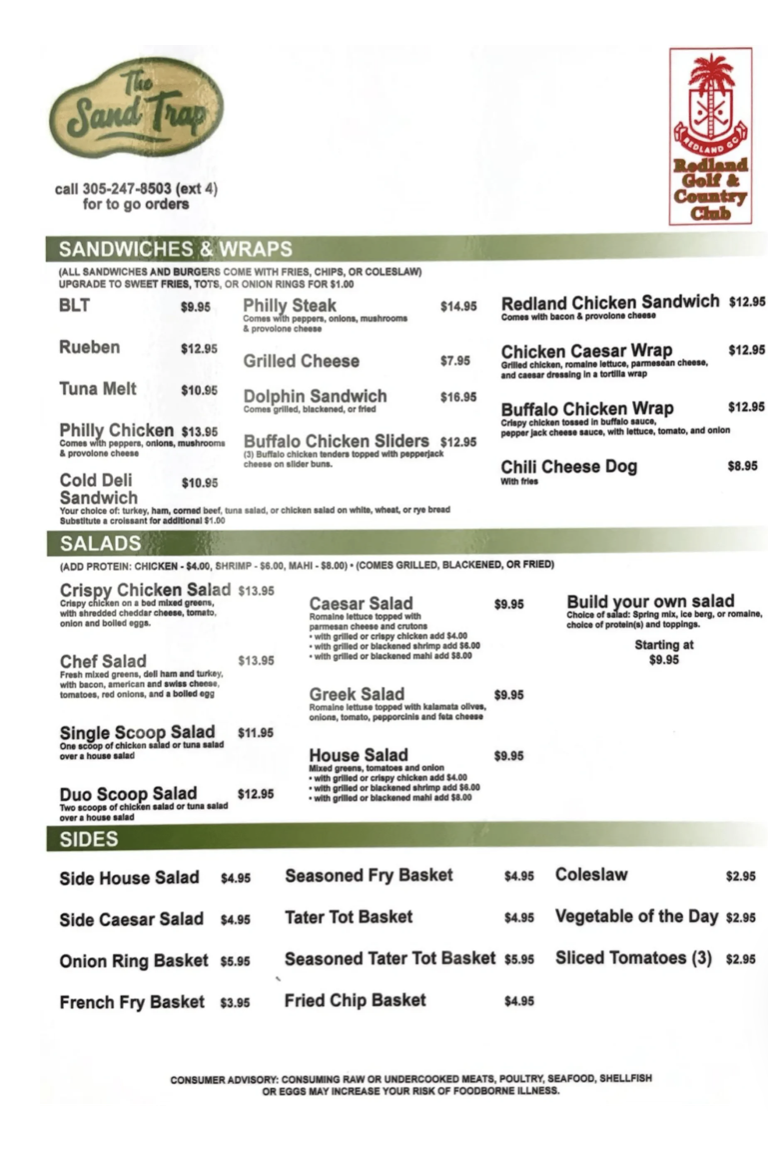 The Sand Trap sandwiches, wraps, salads, and sides menu.